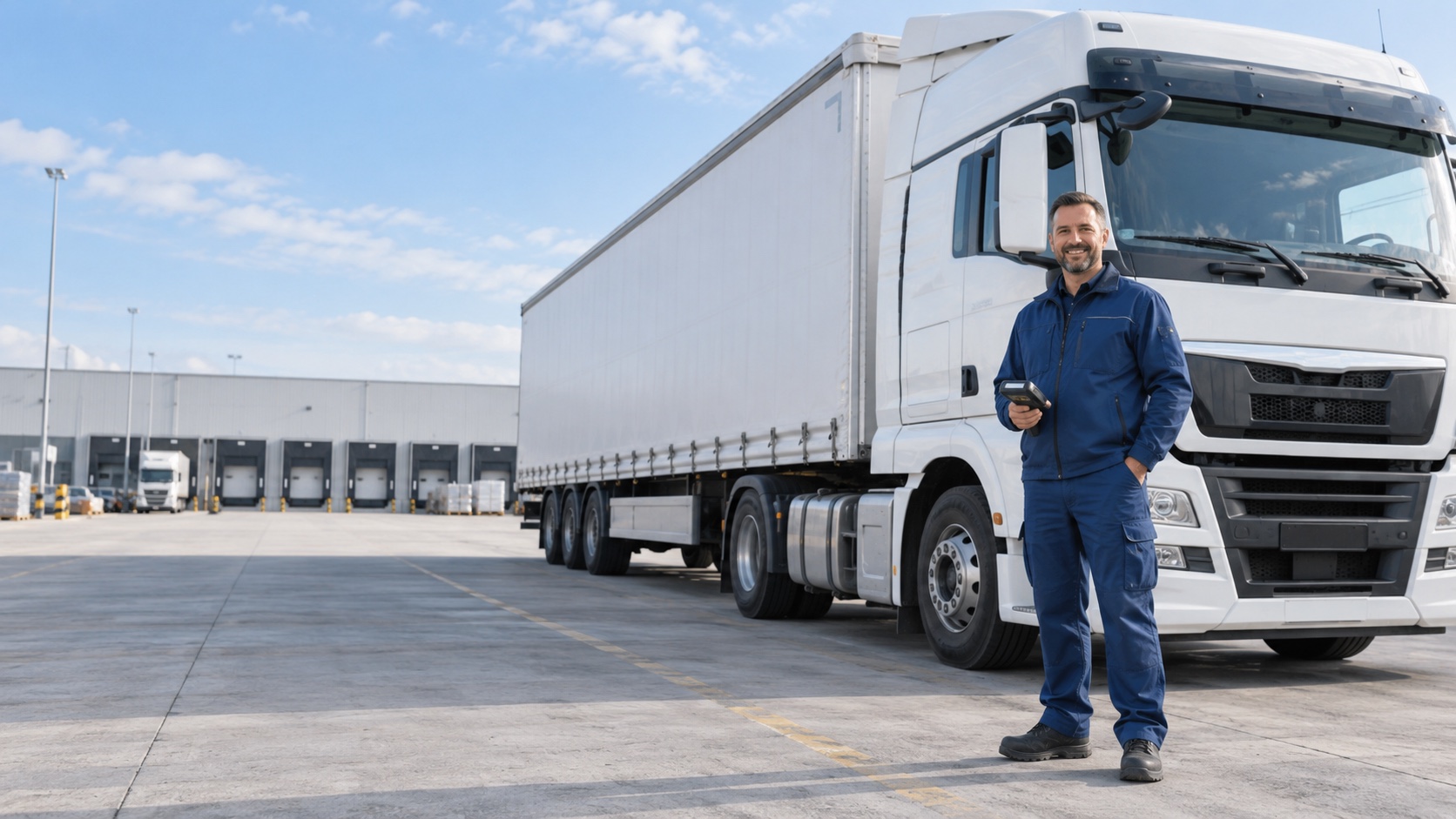 Lächelnder Fahrer mit einem mobilen Gerät neben einem Lkw